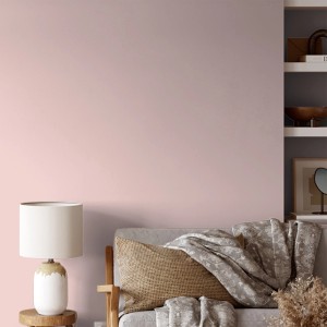 Wand in Zartrosa mit V&CO Premium-Innenfarbe Dead Flat Matt Rosa Farbton 3, Sofa und Lampe im Raum.