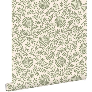 ESTAhome Vliestapete mit grünem Vintage Blumenmuster und Blättern auf hellem Hintergrund, 50x900 cm.