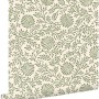 ESTAhome Vliestapete mit grünem Vintage Blumenmuster und Blättern auf hellem Hintergrund, 50x900 cm.