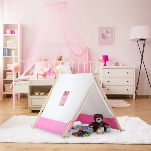 Relaxdays Tipi Zelt Polyester Holz Weiß Rosa mit Fenster 92 cm x 120 cm x 86 cm 2,1 kg