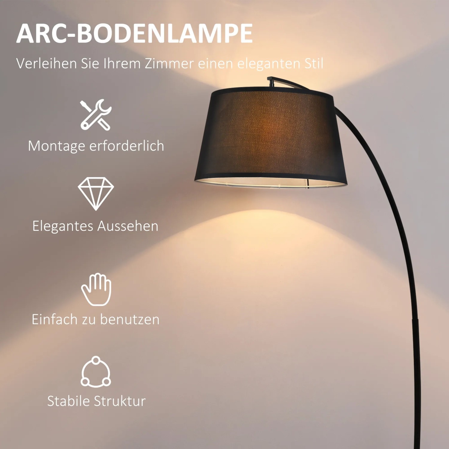 Schwarze HOMCOM Stehlampe mit Stoffschirm, Bogenleuchte für Wohnzimmer und Schlafzimmer.