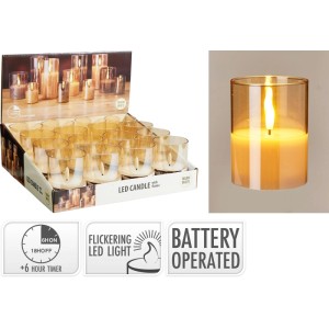 Bernsteinfarbene Glas-LED-Kerze mit warmweißer Flackerflamme und Wachs. Timer & Batteriebetrieb für stimmungsvolle Dekoration.