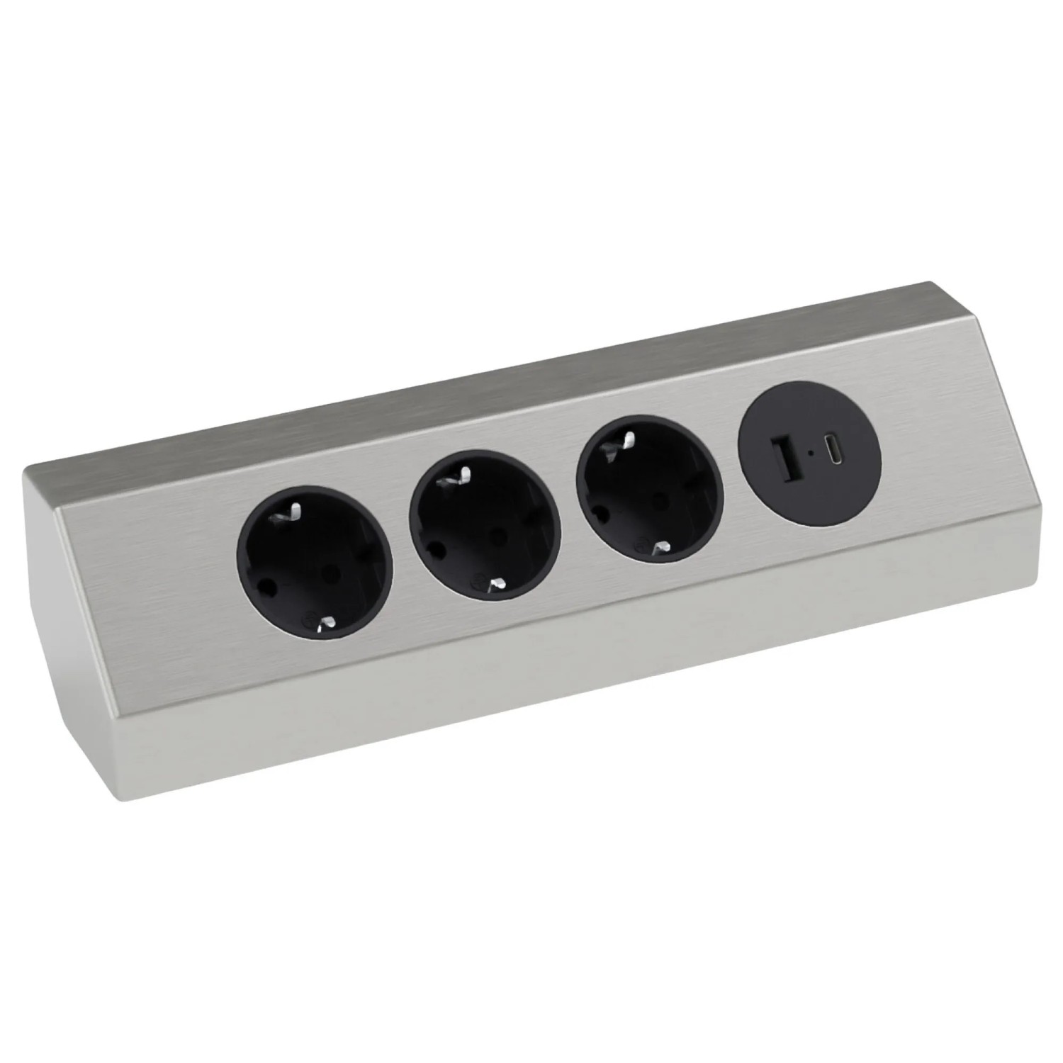 kalb Edelstahl Ecksteckdose 4 Fach Steckdosenleiste 3x 230VAC 2x USB Anschluss 2 m Kabel mit EU Stecker Silber Schwarz