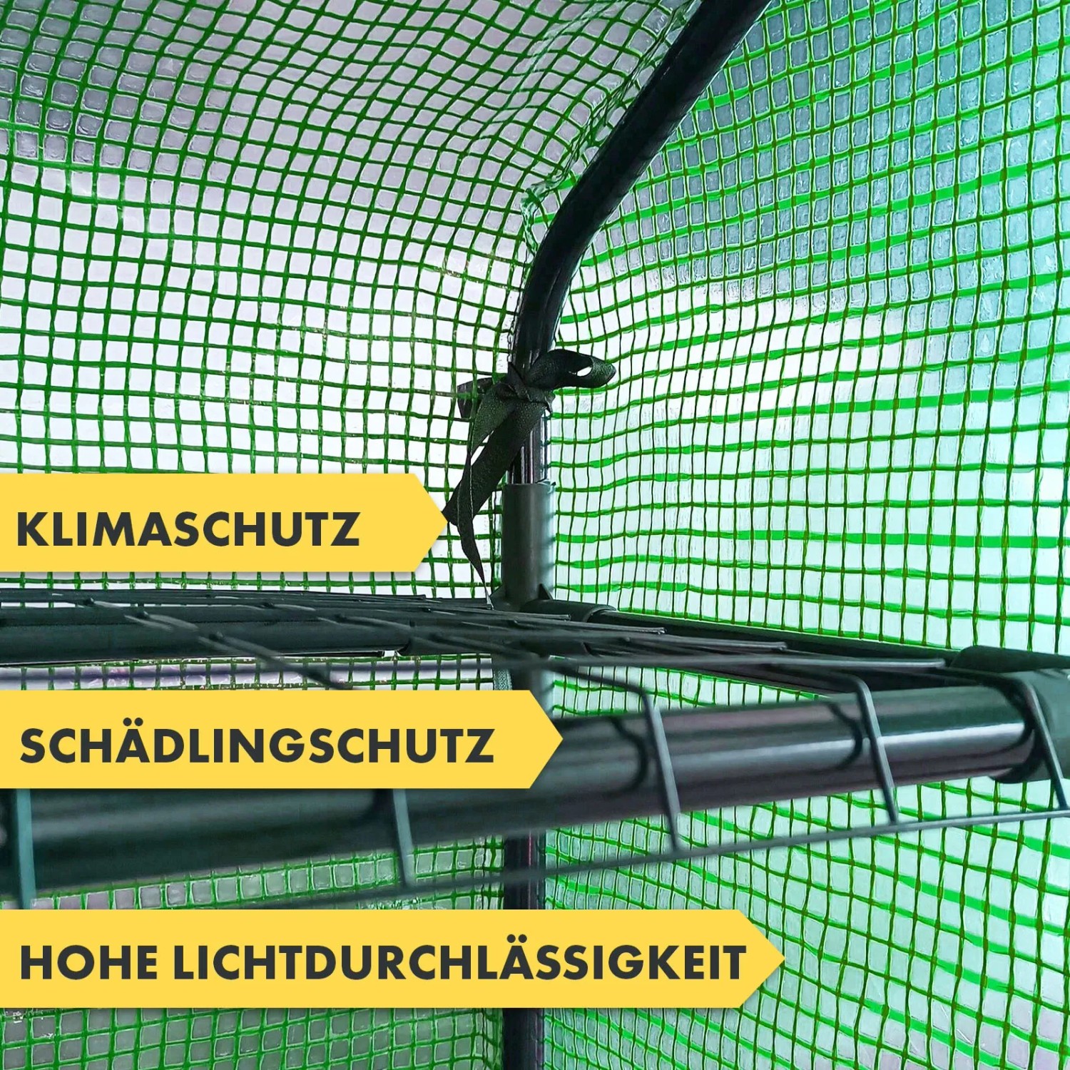 Detailaufnahme: KARAT Gewächshaus Bloom mit Gitteroptik, Stahlrahmen und Regalböden.