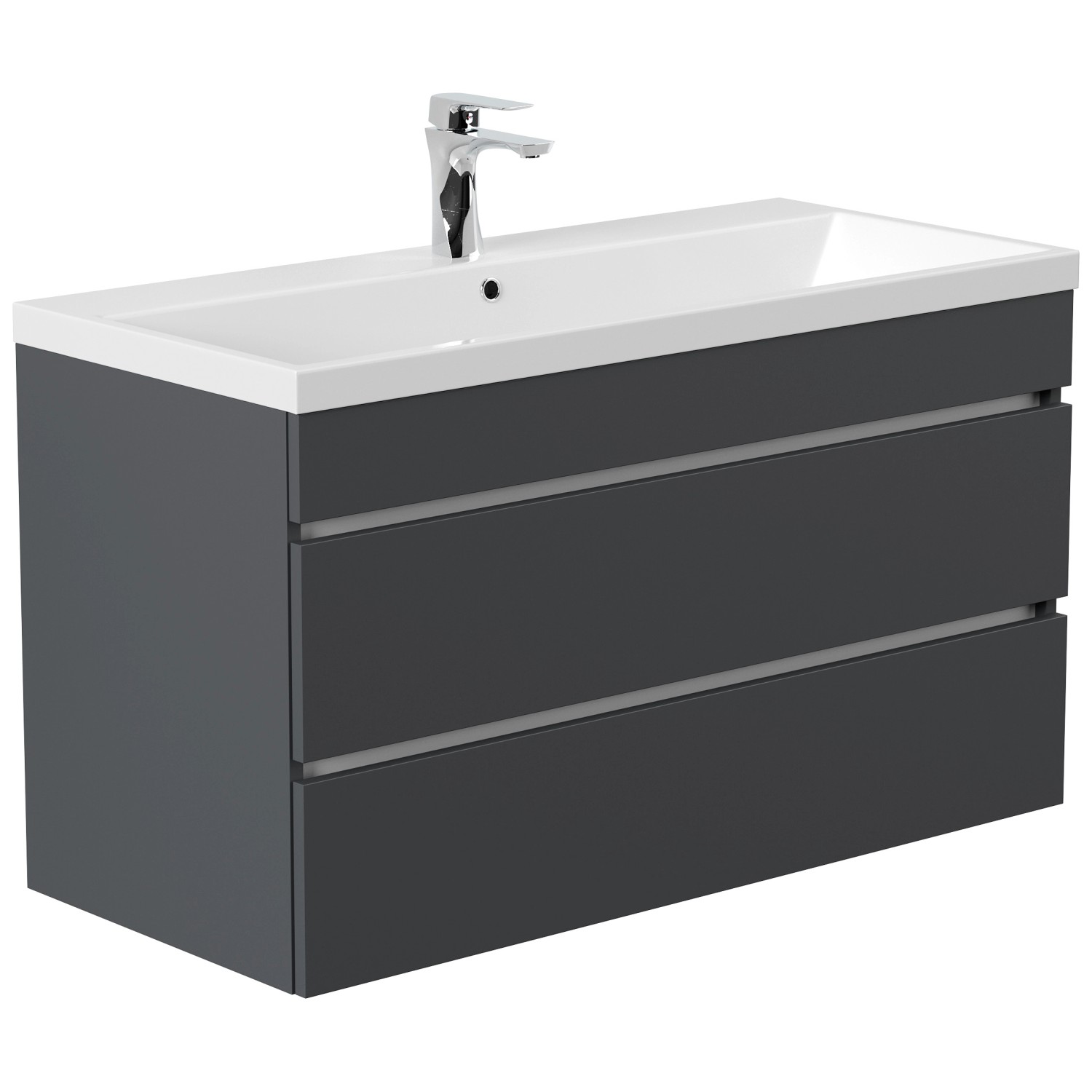 Posseik Badmöbel Fellini 100 in Grafit mit grifflosen Schubladen und Mineralgussbecken.