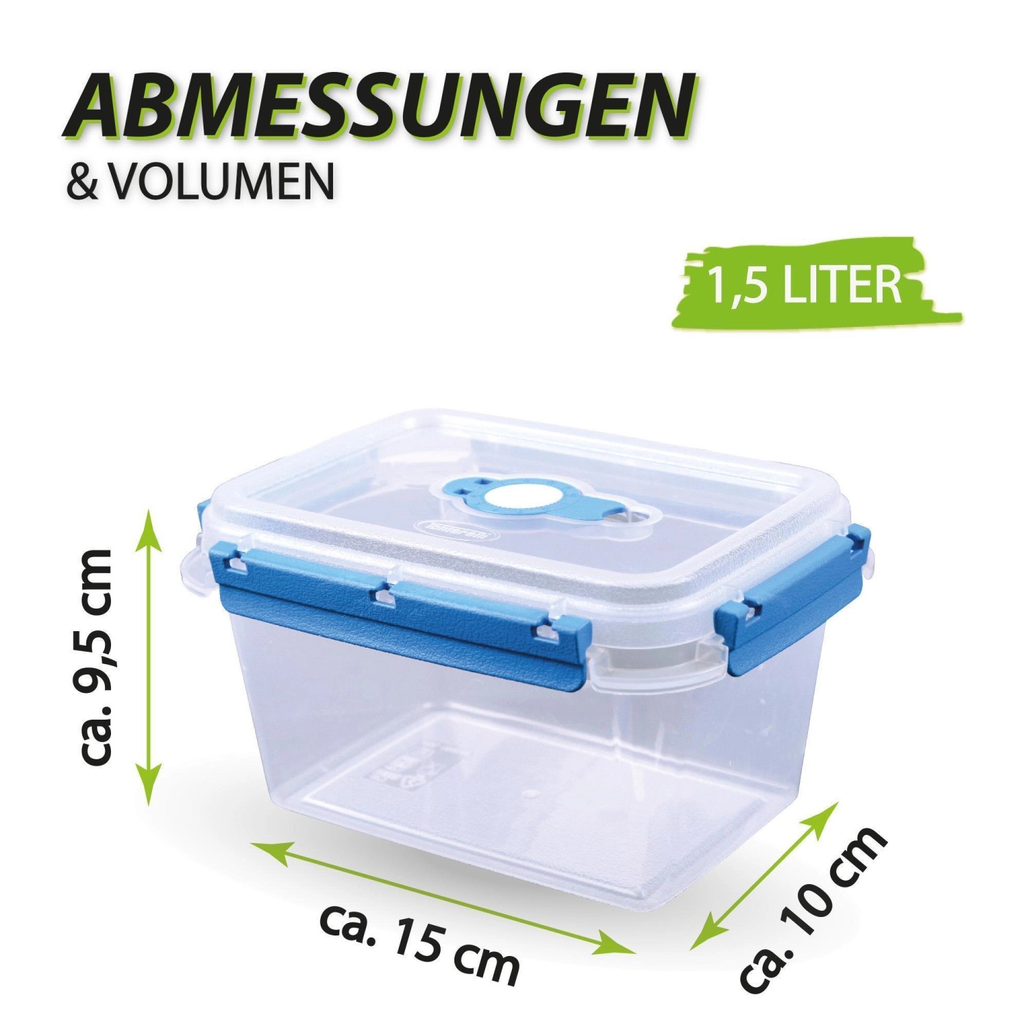 Bestlivings Frischhaltebox 1,5L, 2er-Pack. Blaue Akzente, transparent, mit Größenangaben.