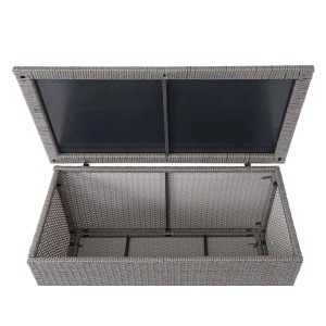 Geöffnete graue MCW Poly-Rattan Kissenbox, 170l, zur Aufbewahrung von Gartenartikeln.