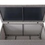 Geöffnete graue MCW Poly-Rattan Kissenbox, 170l, zur Aufbewahrung von Gartenartikeln.