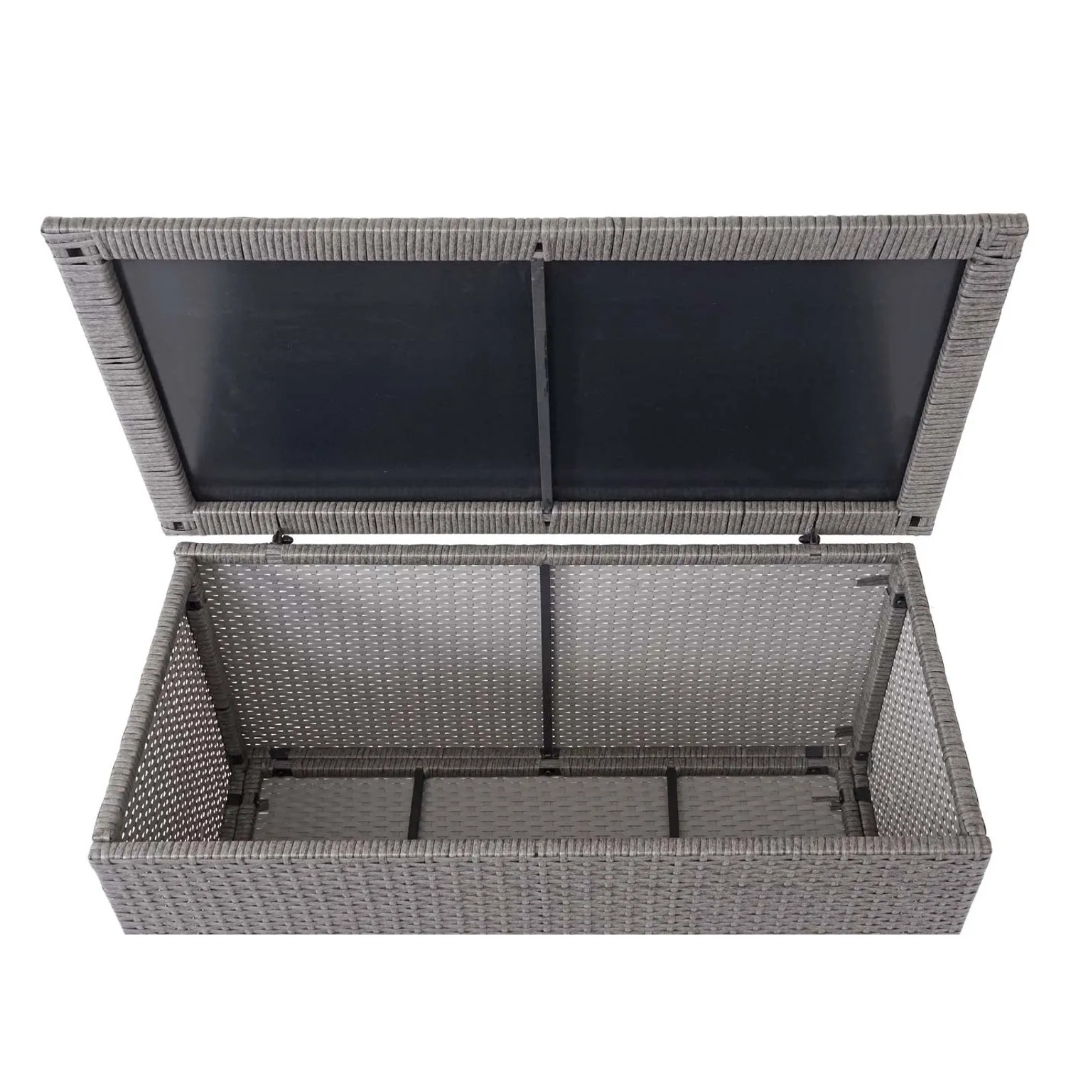 Geöffnete graue MCW Poly-Rattan Kissenbox, 170l, zur Aufbewahrung von Gartenartikeln.