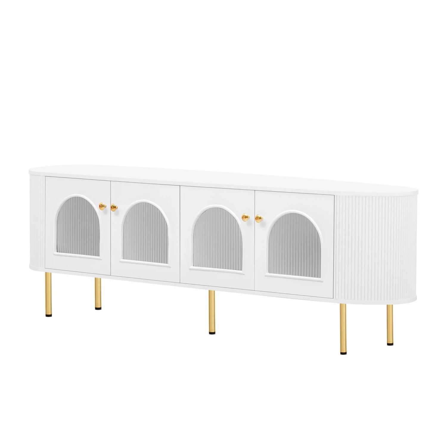 okwish TV Schrank mit Glastüren und Gold Griffen und Gold Füßen 170x35x55cm Weiß