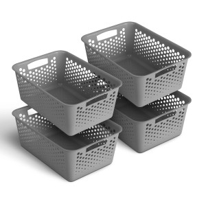 Vier graue ProHome Aufbewahrungskörbe, 10L, 37x26cm, stapelbar, für Badaccessoires.
