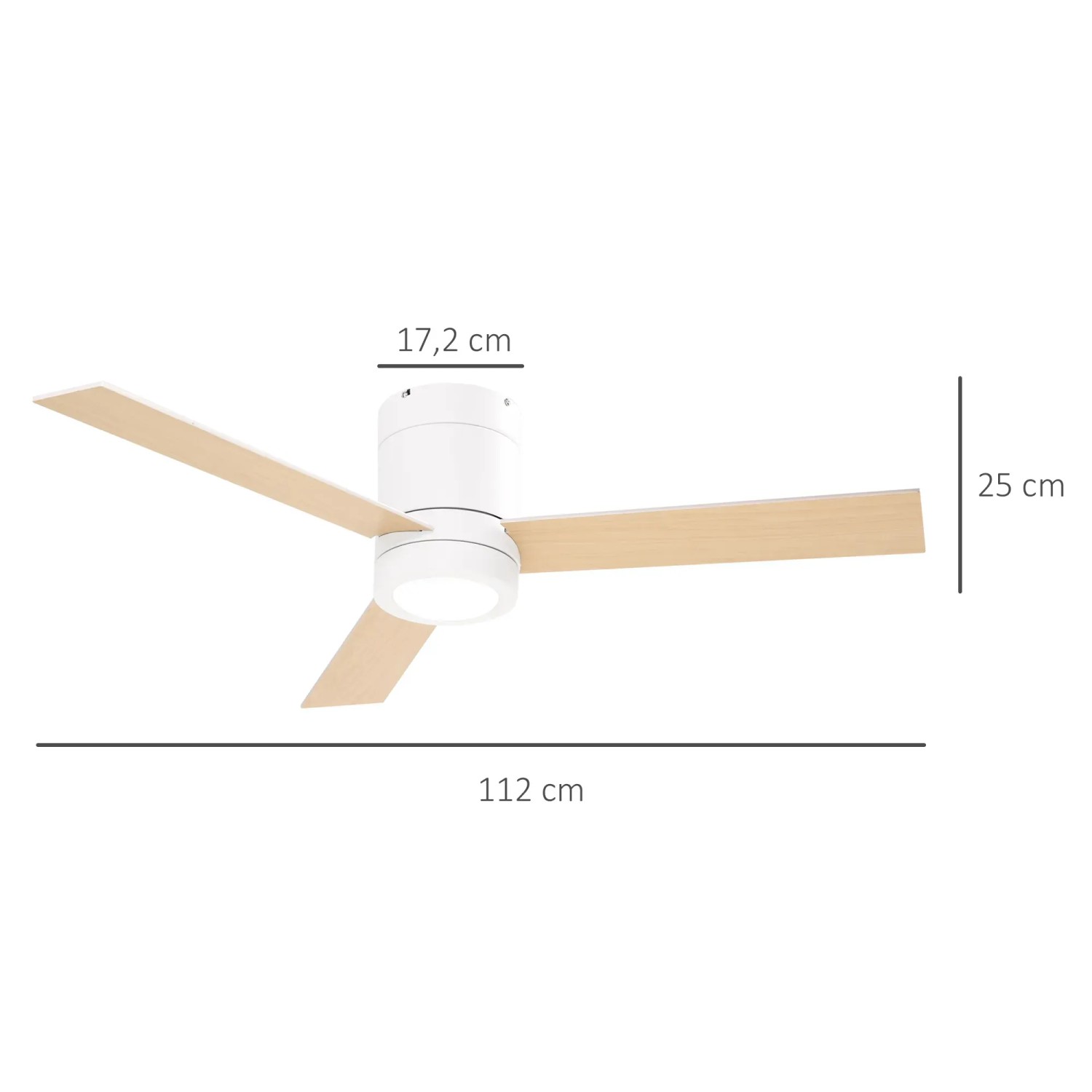 Weißer HOMCOM Deckenventilator mit Beleuchtung und Holzflügeln, Maße eingeblendet.