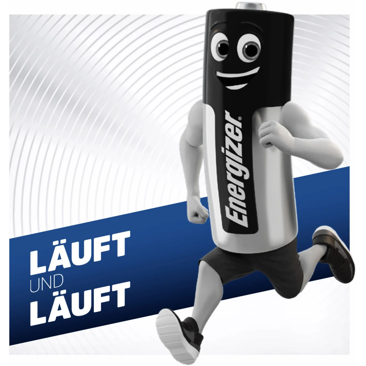 Energizer Ultimate Lithium AA Batterie als Comicfigur beim Laufen, langlebig für Geräte mit hohem Energiebedarf.
