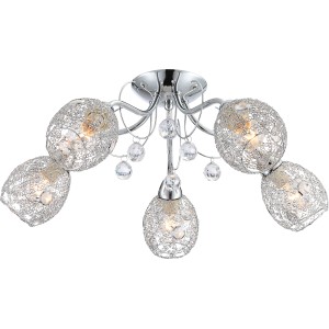 Chromfarbene Globo Deckenleuchte KORDULA mit Chromgeflecht, Glaskristallen und Acrylbehang.