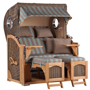 GarWoh Strandkorb Rantum Teak, grau gestreift, mit Bullauge und Fußstützen.