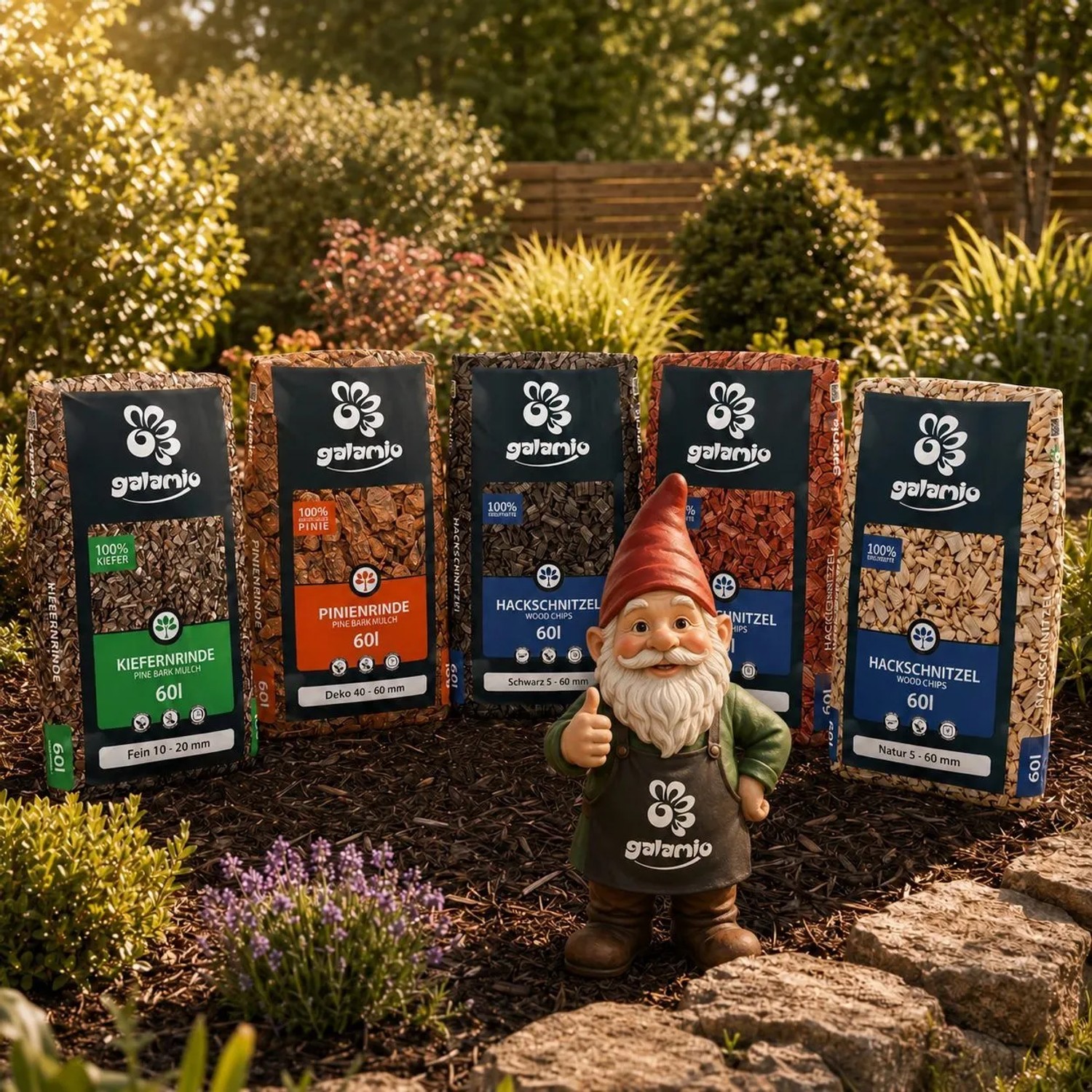 Galamio Holzhackschnitzel Fallschutz 60l und Mulch in Säcken, verschiedene Farben, mit Gartenzwerg im Garten.