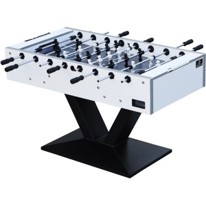 Cougar Worldcup Premium Pro Fußballtisch mit schwarz-weißen Figuren und schwarzem Metallfuß.