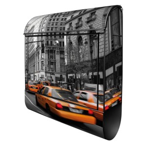 Schwarzer Design Briefkasten mit New York Taxi Motiv und Zeitungsfach.