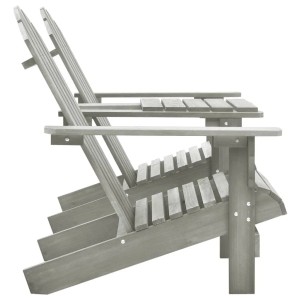 Zwei graue Adirondack-Gartenstühle aus Tannen-Massivholz, seitlich. Ideal für Gartenmöbel-Sets.