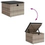 Gartenmöbel: Hellgrauer Rattan-Fußhocker mit Stauraum, Deckel offen und geschlossen.