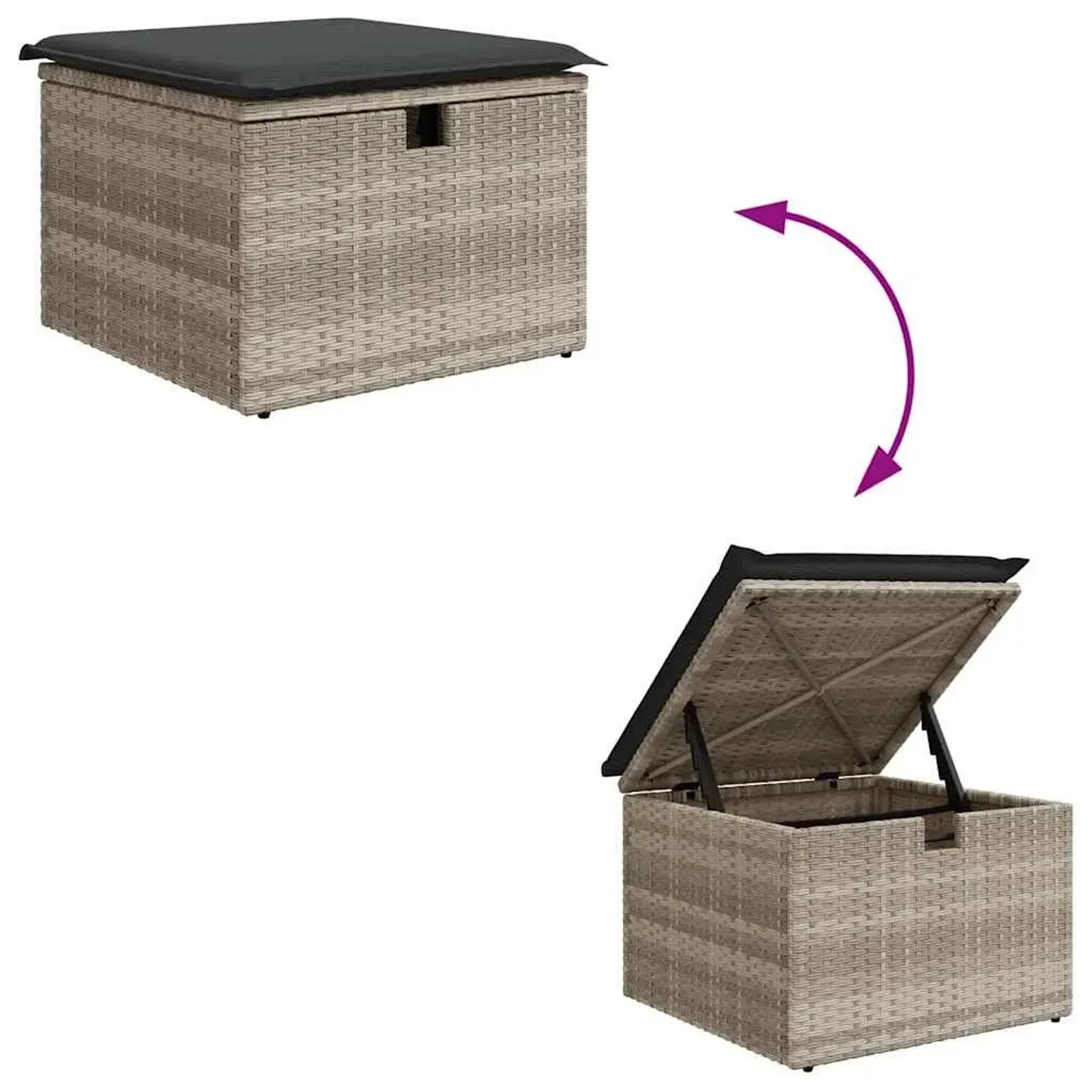 Gartenmöbel: Hellgrauer Rattan-Fußhocker mit Stauraum, Deckel offen und geschlossen.