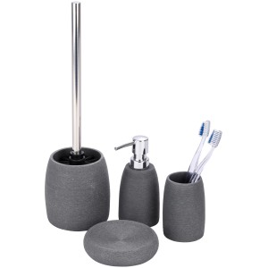 Wenko Bad-Set Goa Grau, 4-teilig: Seifenspender, Zahnputzbecher, Seifenschale und WC-Garnitur.