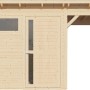 Bertilo Gartenhaus Pentus 3 Lounge aus naturbelassenem Holz mit Anbau und überdachter Fläche.
