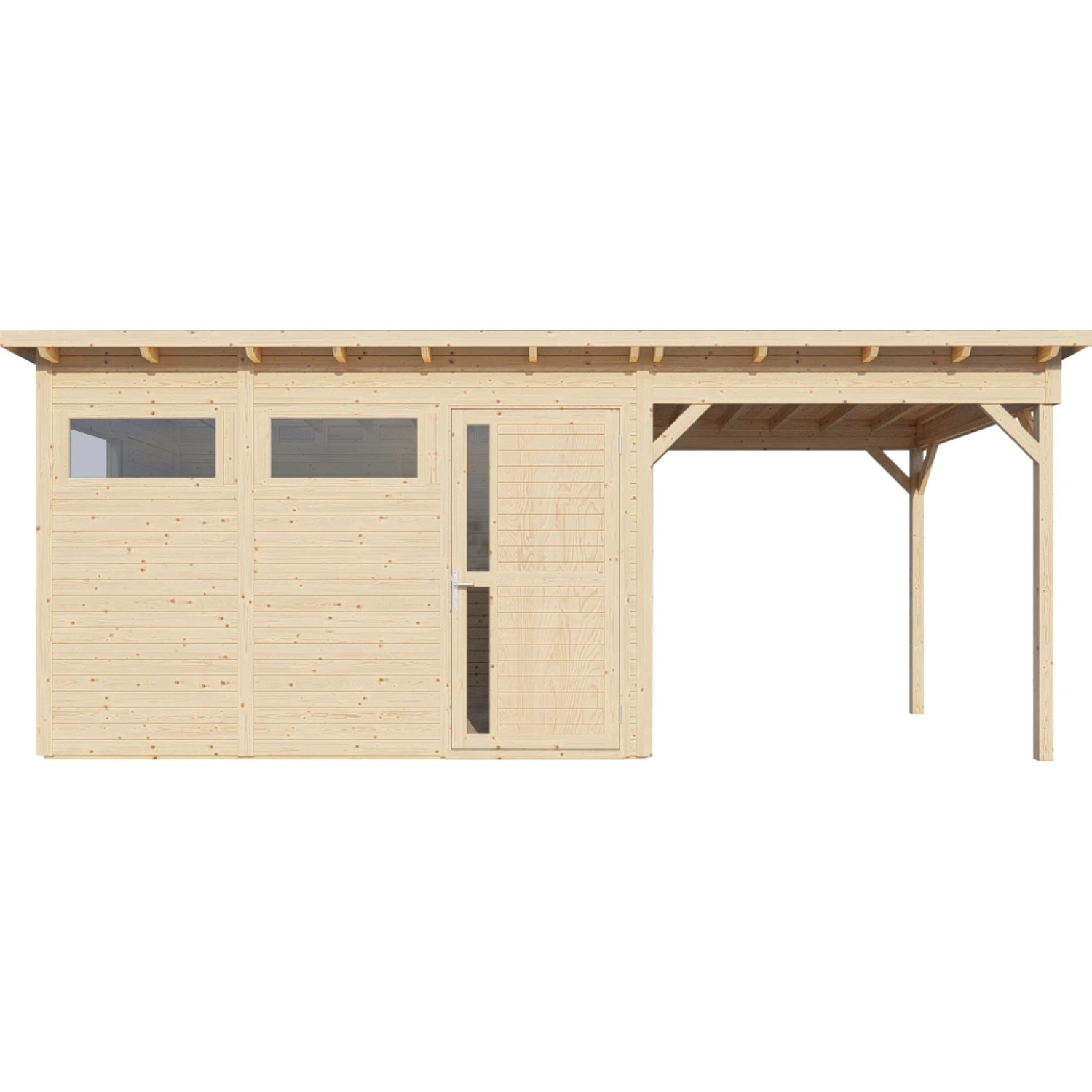 Bertilo Gartenhaus Pentus 3 Lounge aus naturbelassenem Holz mit Anbau und überdachter Fläche.