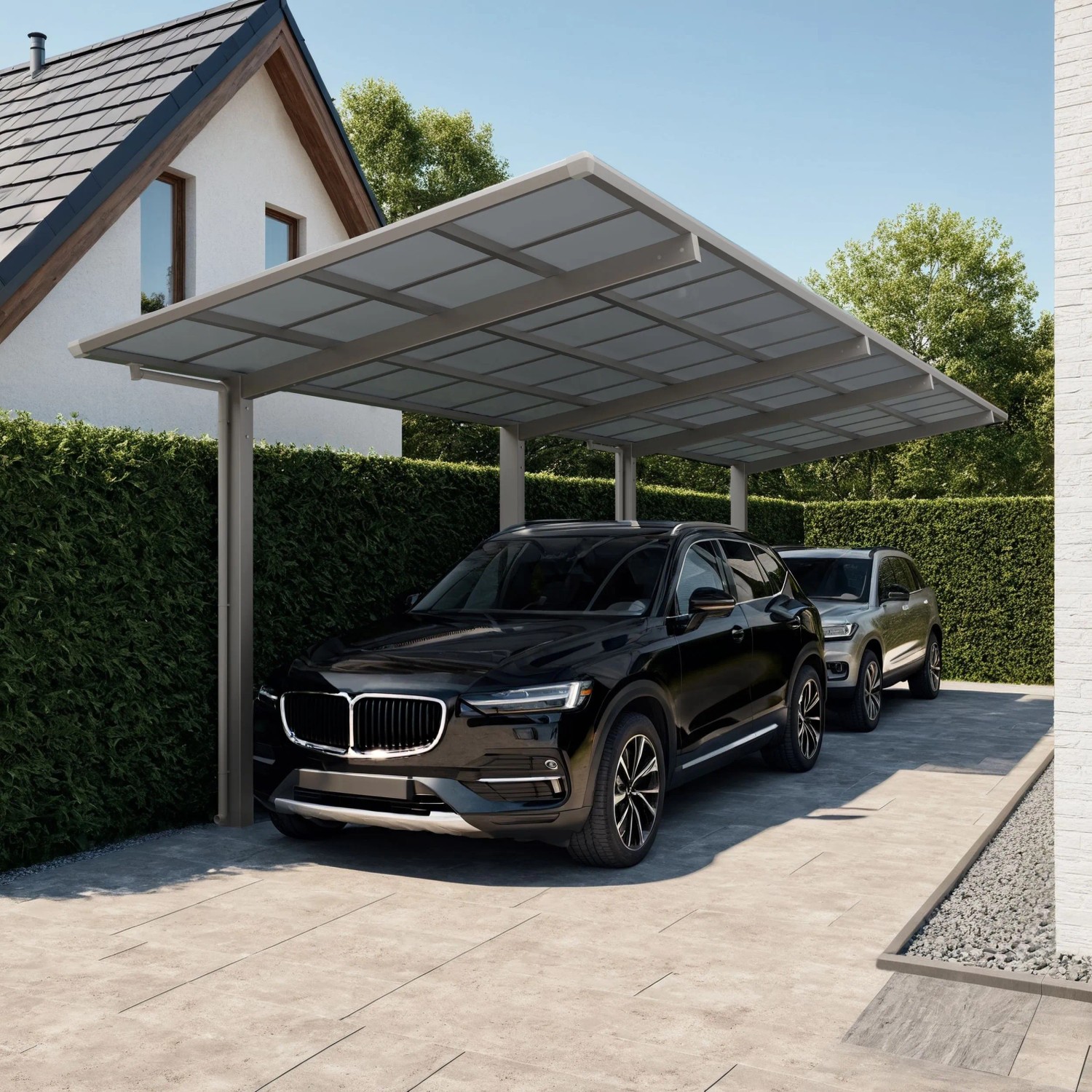 Ximax Carport Linea-80 Tandem im Edelstahl-Look mit zwei geparkten Autos.