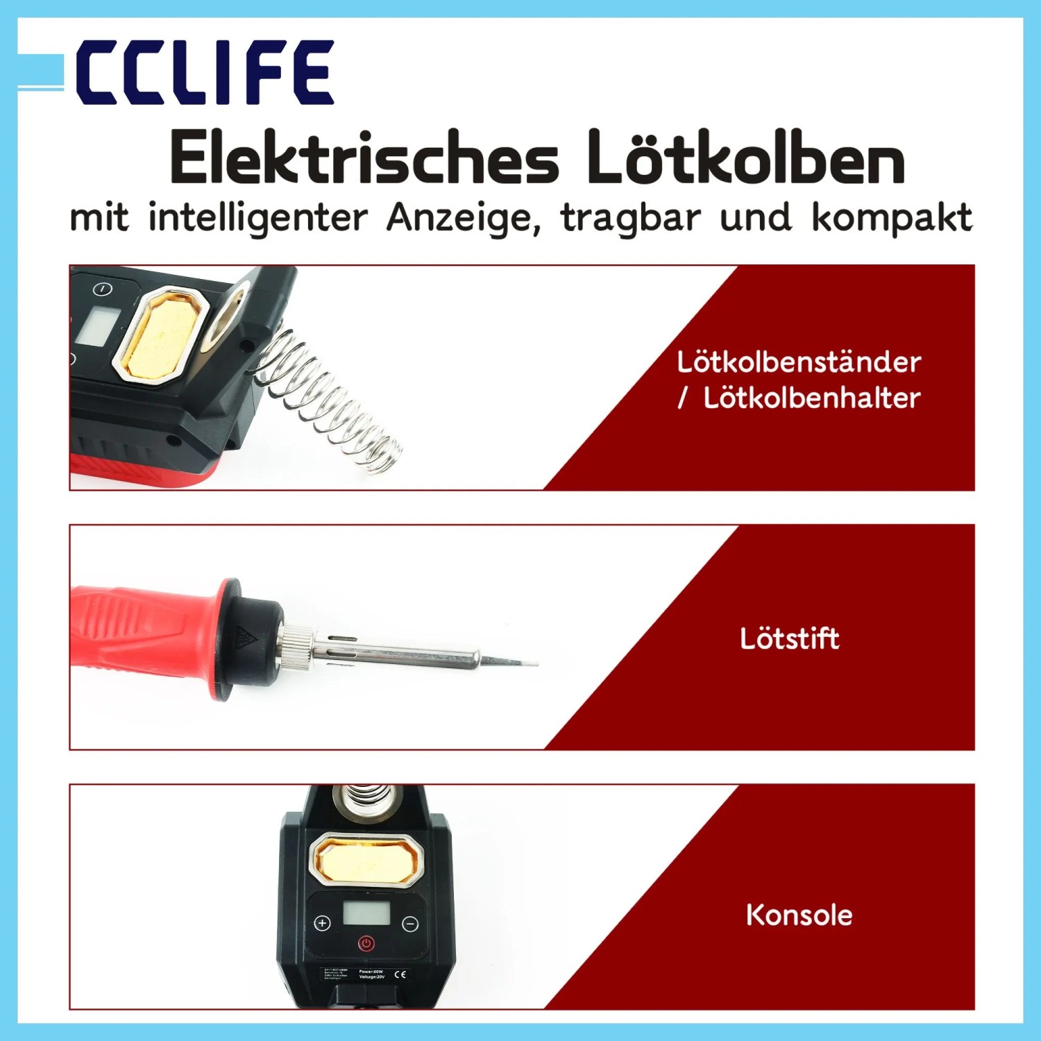 CCLIFE 60W kabelloser Lötkolben mit digitaler Anzeige, Lötstift und Ständer. Kompatibel mit Makita/Dewalt Akkus.