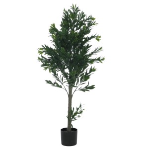 Künstlicher Olivenbaum Q88 aus Polyethylen, 126cm hoch, mit dichtem grünen Blattwerk im schwarzen Topf.