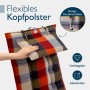 Hand justiert flexibles Kopfpolster an karierter Hochlehner-Auflage. Mit Karabinerhaken, abnehmbar & umklappbar.