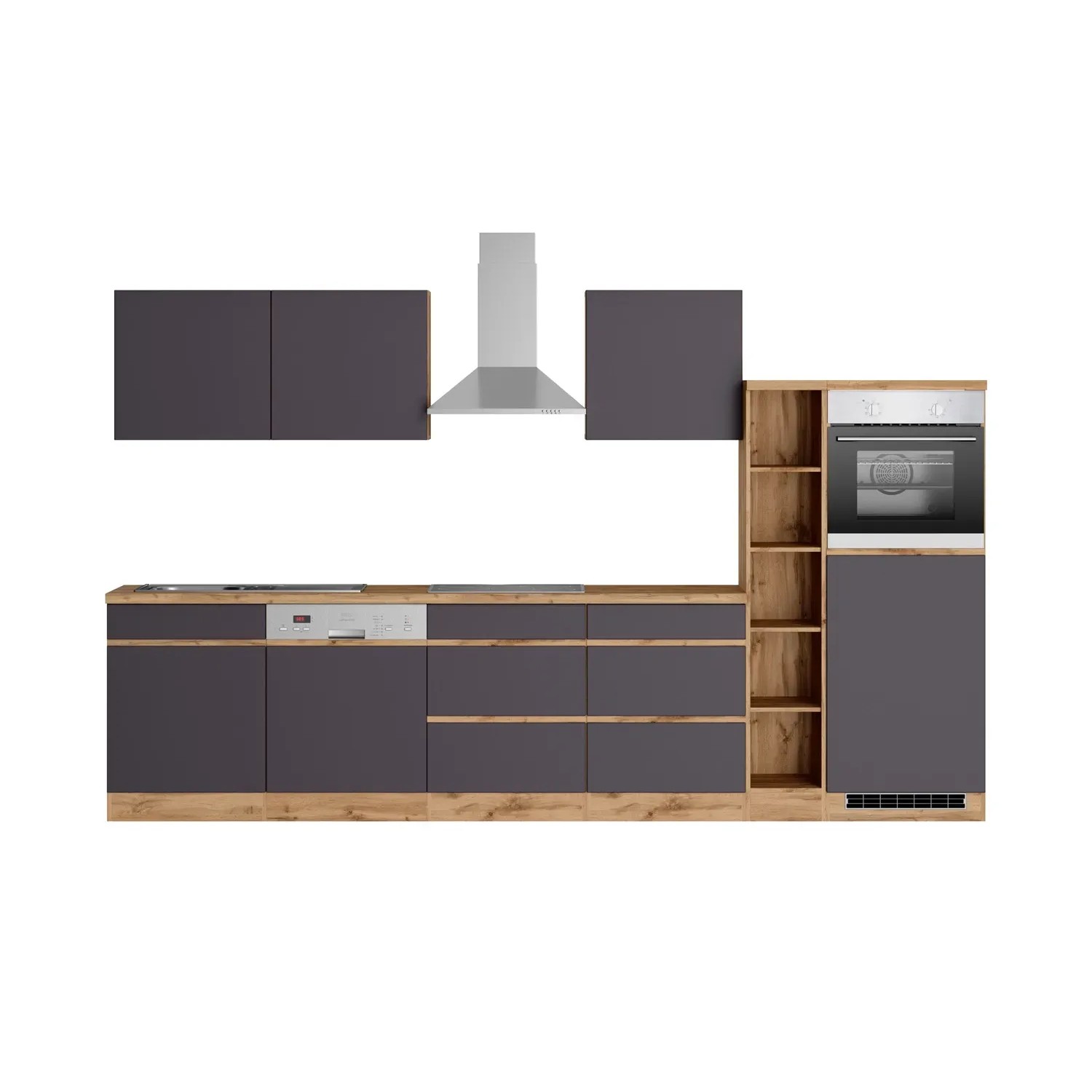 Moderne Held Möbel Küchenzeile Turin, 330 cm, Graphit und Wotaneiche mit E-Geräten.