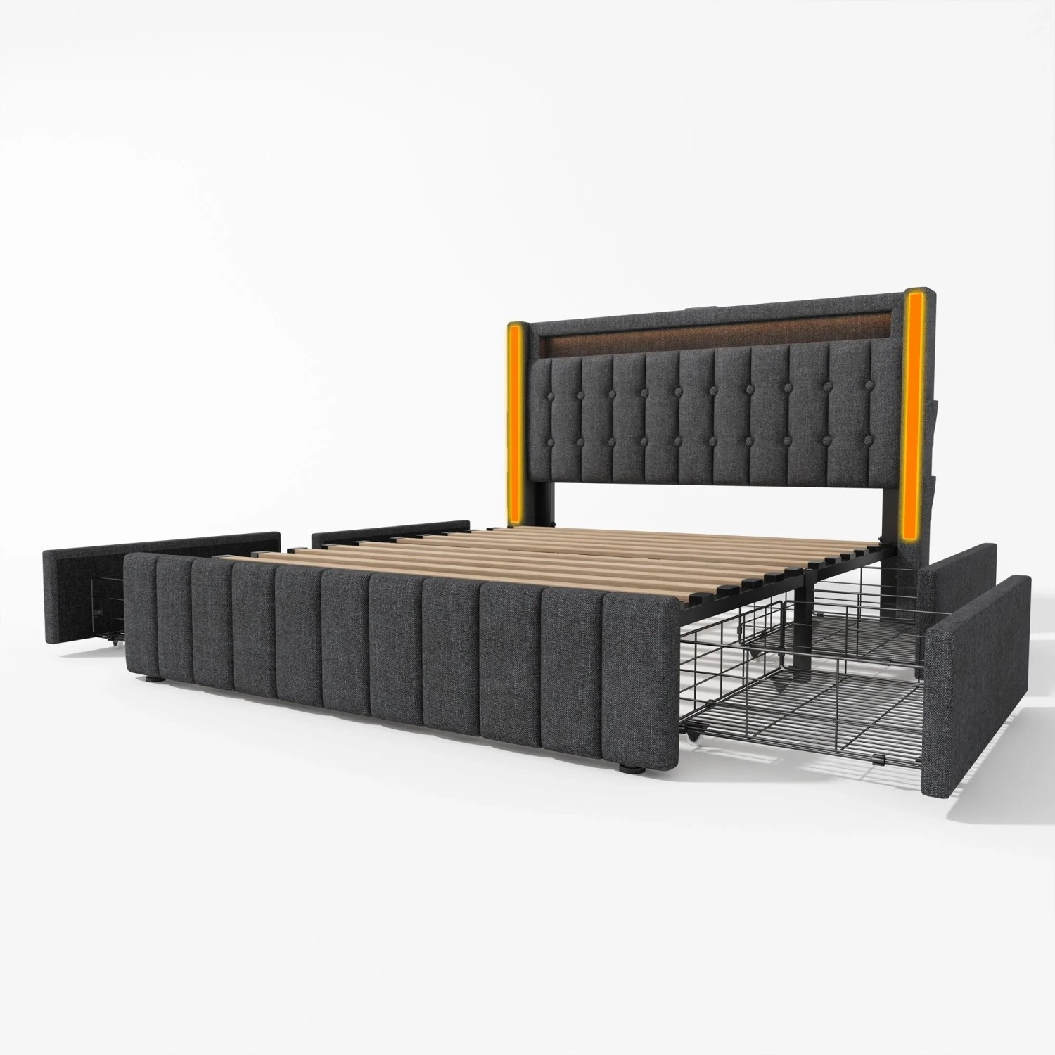 okwish Jugendbett 140x200cm mit USB LED Schubladen Jugendzimmer Grau ohne Matratze