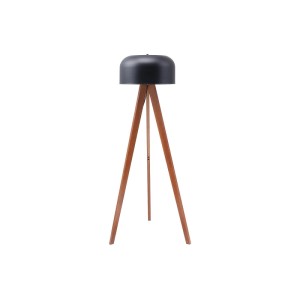 Moderne Stehlampe Pavico Schwarz mit kuppelförmigem Schirm und dunklem Holz-Dreibein, 145 cm.