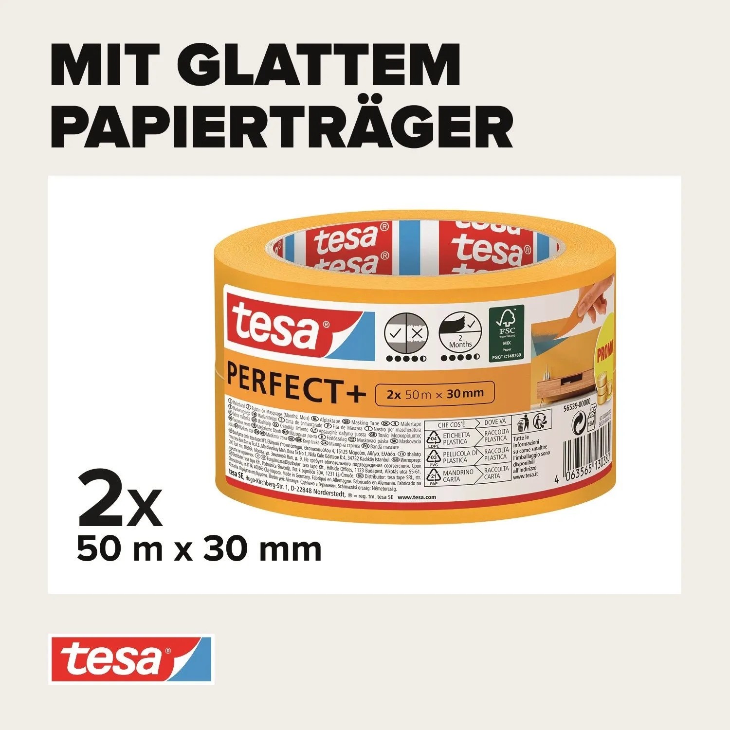 Tesa Malerband Perfect+ 50 m x 30 mm Gelb 2 Rollen_4