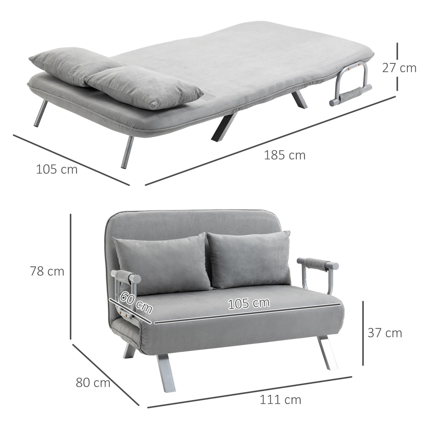 Graues HOMCOM Schlafsofa 2-Sitzer mit Maßen als Sofa und Bett dargestellt.