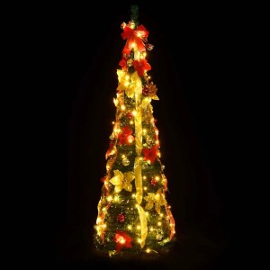 Grüner Pop-Up Weihnachtsbaum, 180 cm, mit warmweißen LEDs, roten Schleifen, goldenen Bändern und Kugeln.