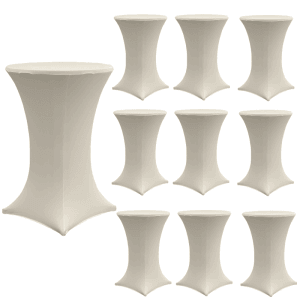 10er Set beiger TRUTZHOLM Stretch-Stehtischhussen, 70cm Durchmesser, aus elastischem Polyestergewebe.