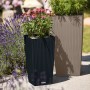 Lechuza Cubico Cottage Pflanzsäule, 40x40x75 cm, sandbraun und anthrazit, mit Bepflanzung im Garten.
