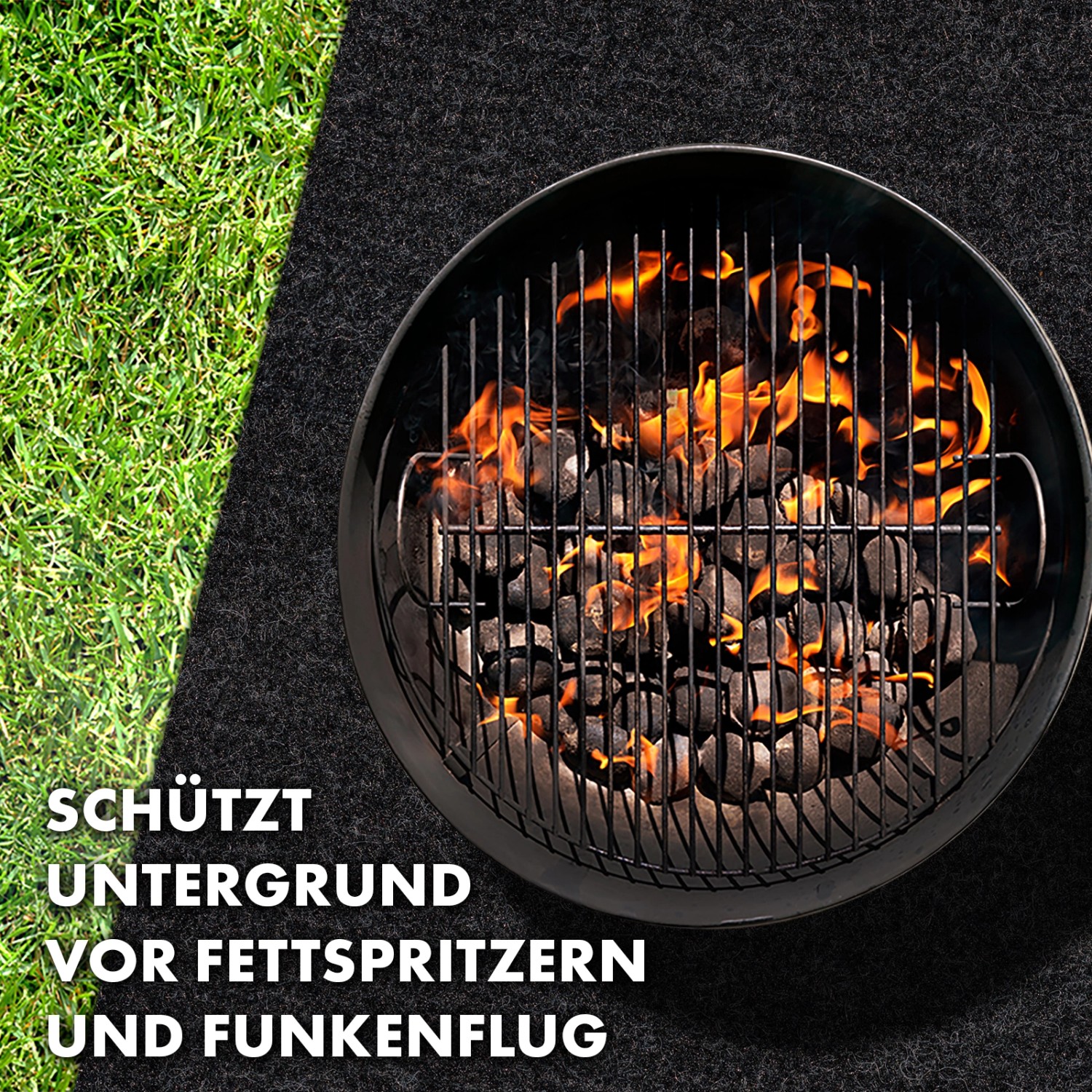 Anthrazitfarbene KARAT Grillmatte Dalton unter Grill mit glühenden Kohlen auf Rasen. Grillschutzmatte schützt Boden.