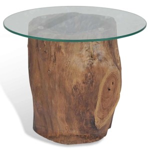 Couchtisch vidaXL aus Teakholz mit Glasplatte, 50x40 cm. Einzigartiger Baumstamm-Look.