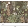 Grün-graue botanische Dschungel Vliestapete mit gezeichneten Palmenblättern und Blumen.