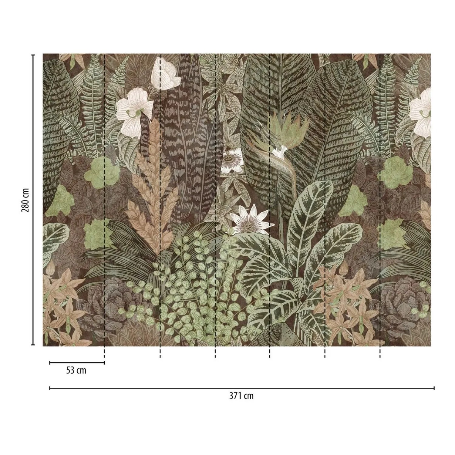 Grün-graue botanische Dschungel Vliestapete mit gezeichneten Palmenblättern und Blumen.