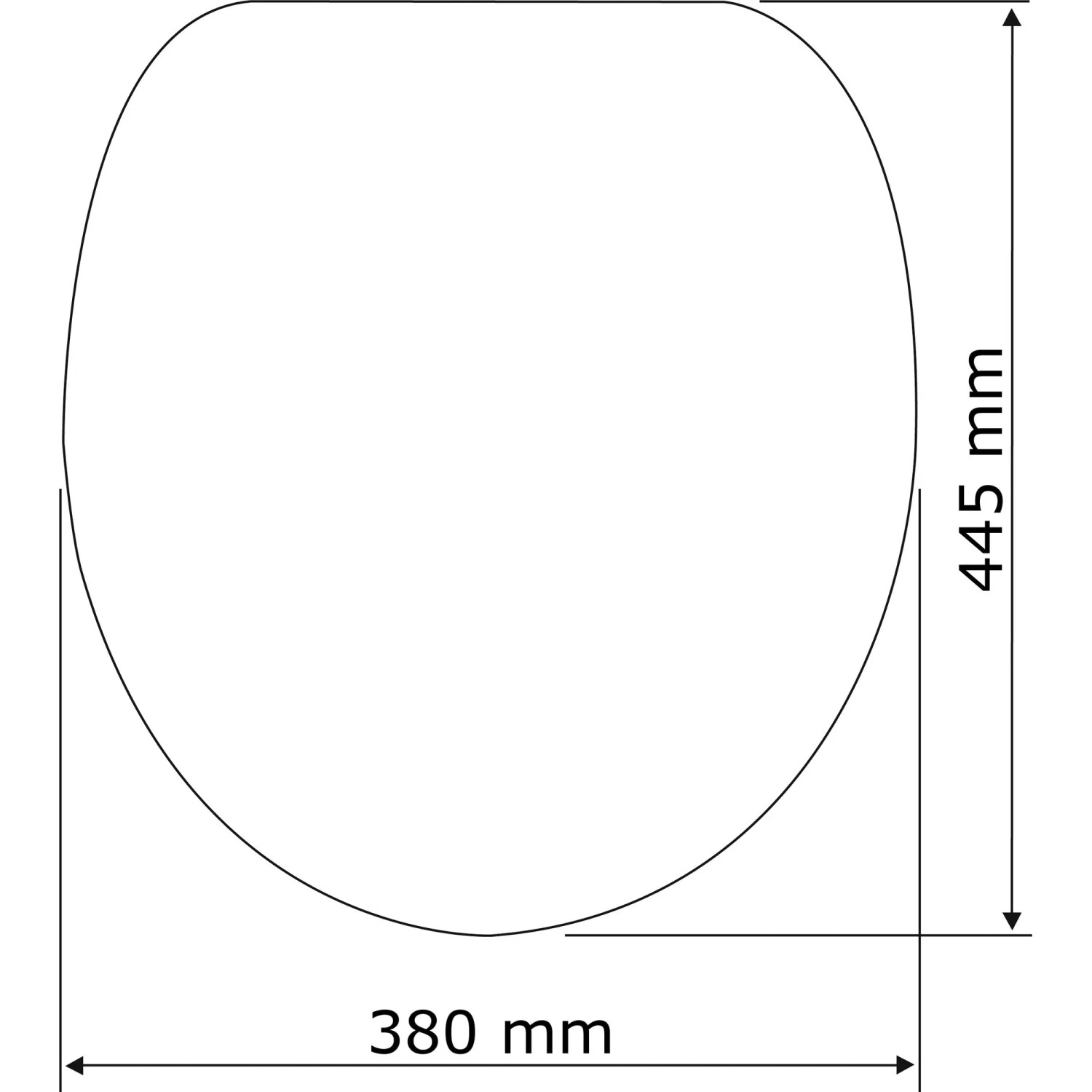 Skizze eines Wenko WC-Sitzes Fish mit Maßen 380x445 mm.