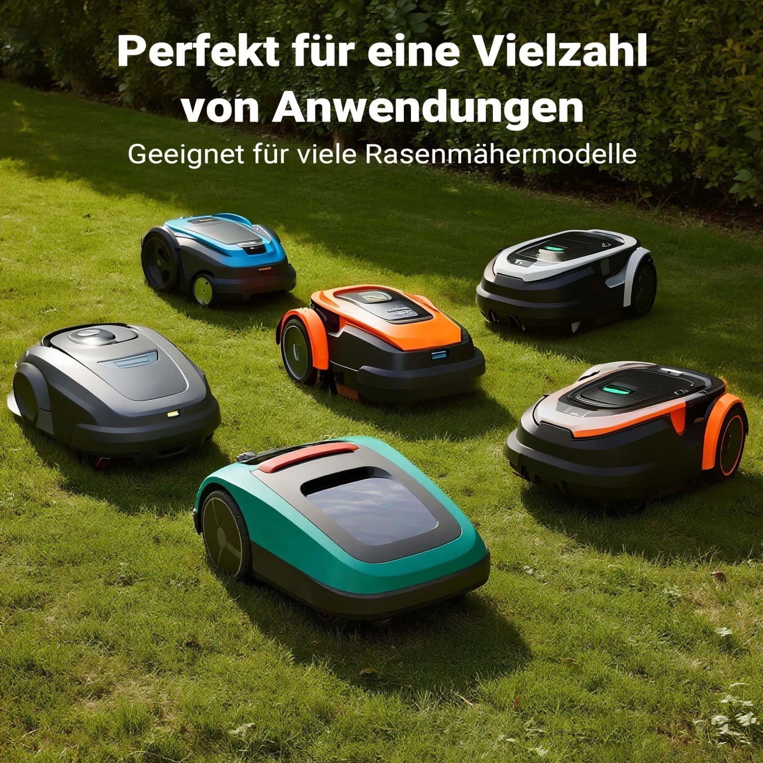 Verschiedene Mähroboter auf grünem Rasen, passend für Wiltec Begrenzungskabel und Rasenroboter Zubehör.