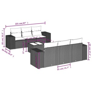 Beige 7-teilige Garten-Sofagarnitur aus Polyrattan mit Kissen, Maße eingezeichnet.