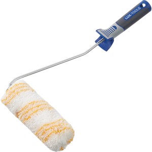 LUX Dispersionsroller 10 cm, glatte Farbwalze mit Mikrofaserbezug und blau-grauem Griff.