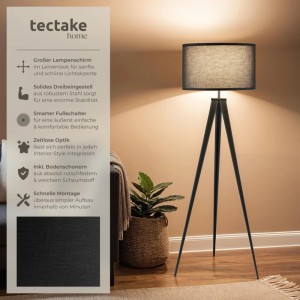 Schwarze Tectake Stehleuchte mit Dreibein aus Stahl und Textillampenschirm in Leinenoptik.