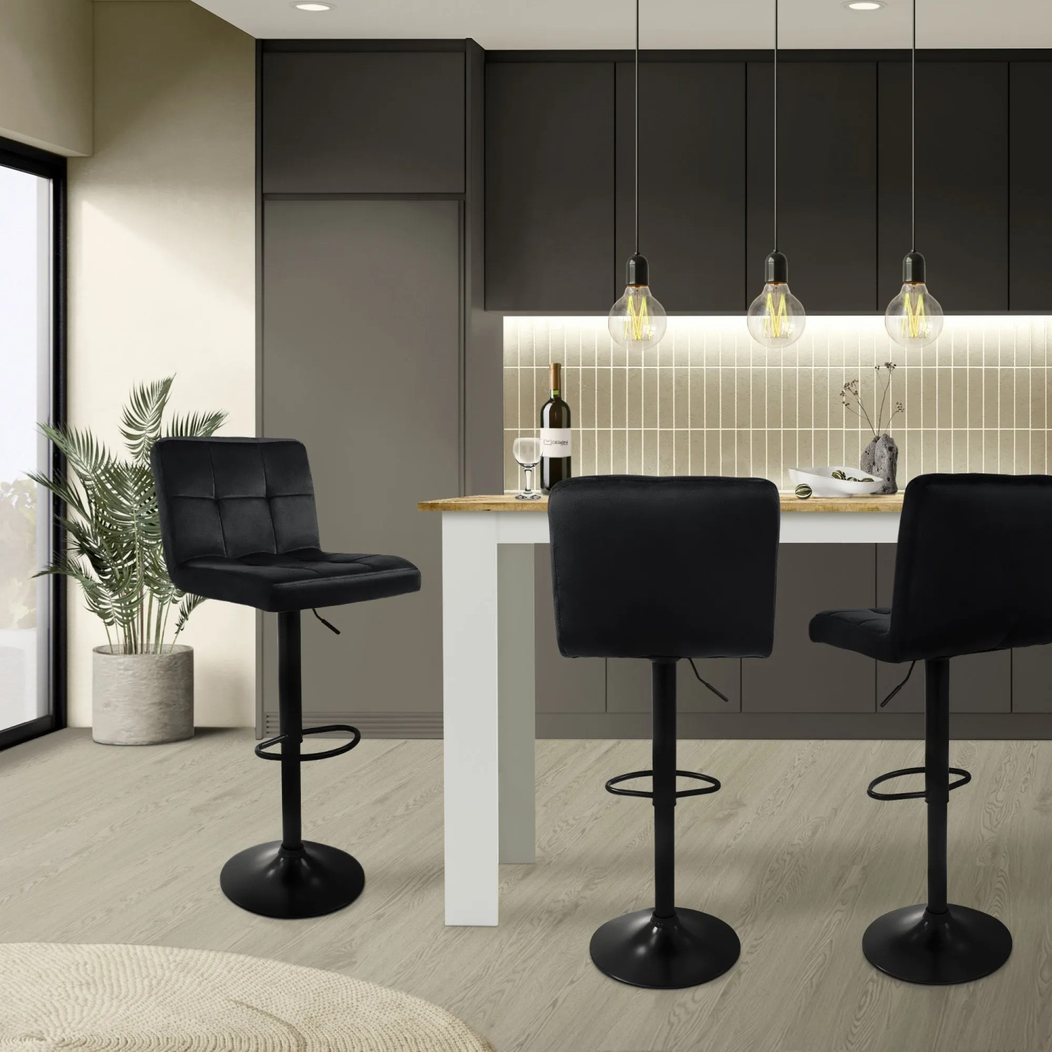 ML-Design Barhocker 2er Set, Schwarz, Samt, mit Rückenlehne und Fußstütze.